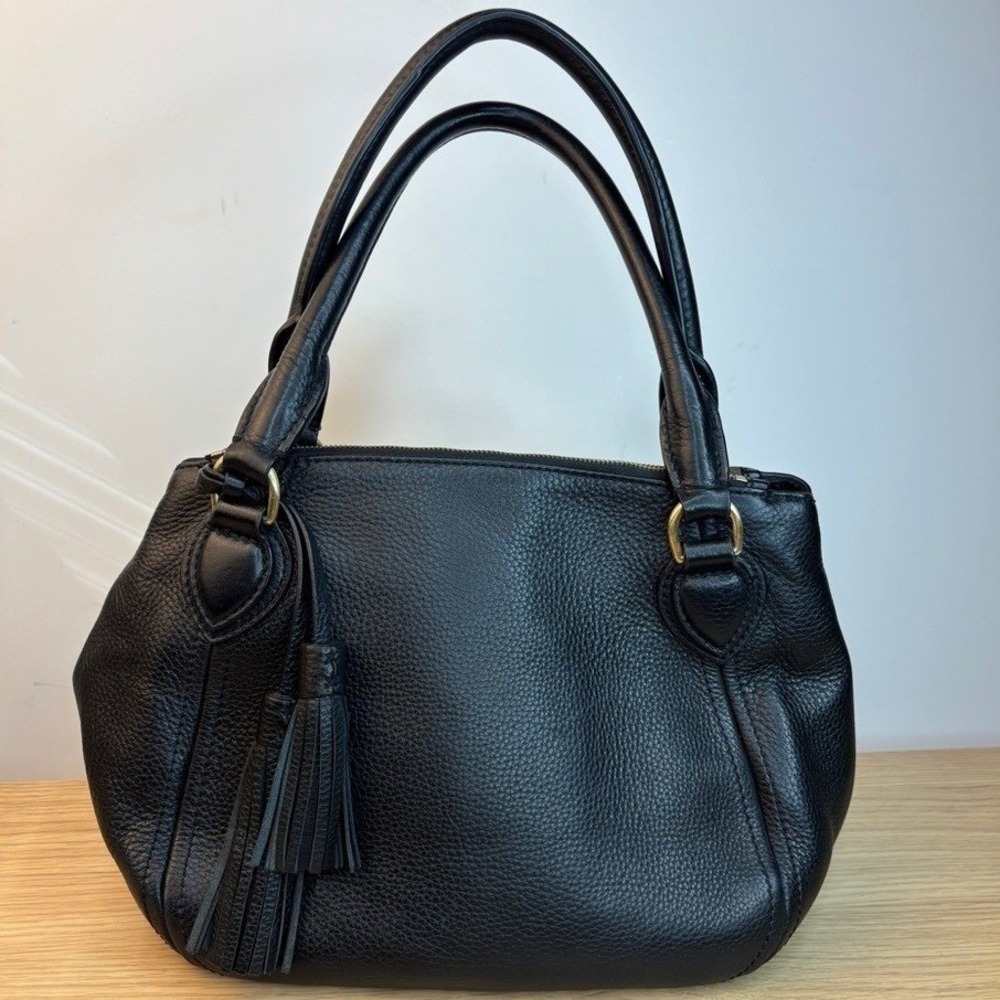 J.Crew Womens Black Pebbled Leather Satchel Bag Gold Hardware Tassel Triple Comp
